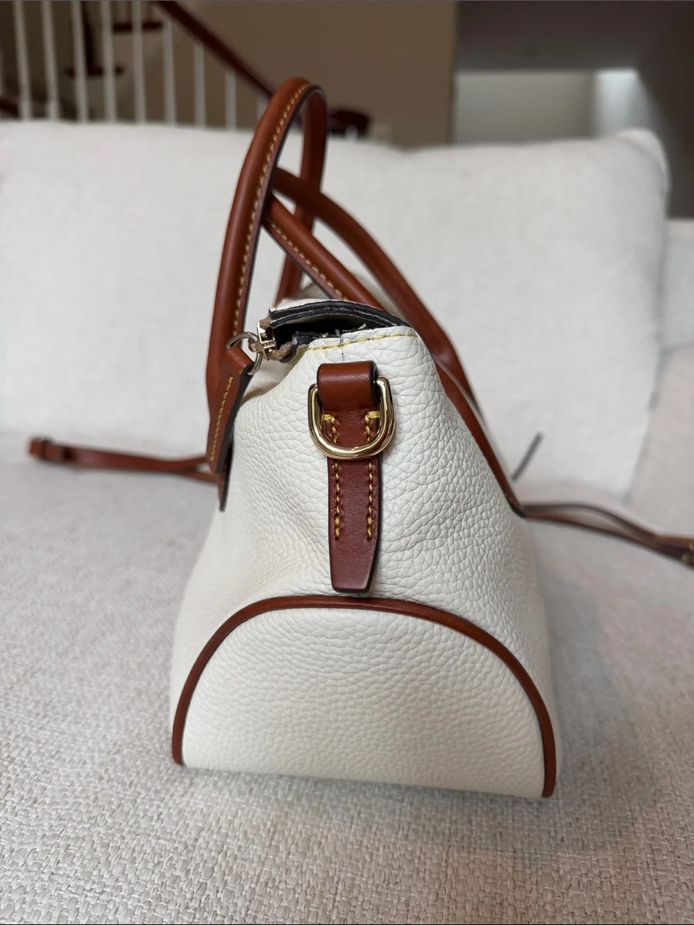Dooney & Bourke Cream Pebbled Leather Satchel with Brown Trim and Handles
